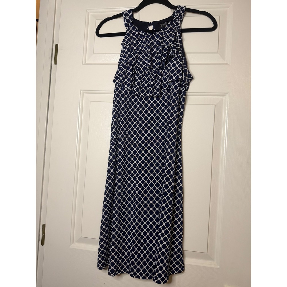 Enfocus Studio Navy Blue White Geometric Ruffle Neck Sheath Dress Size 8